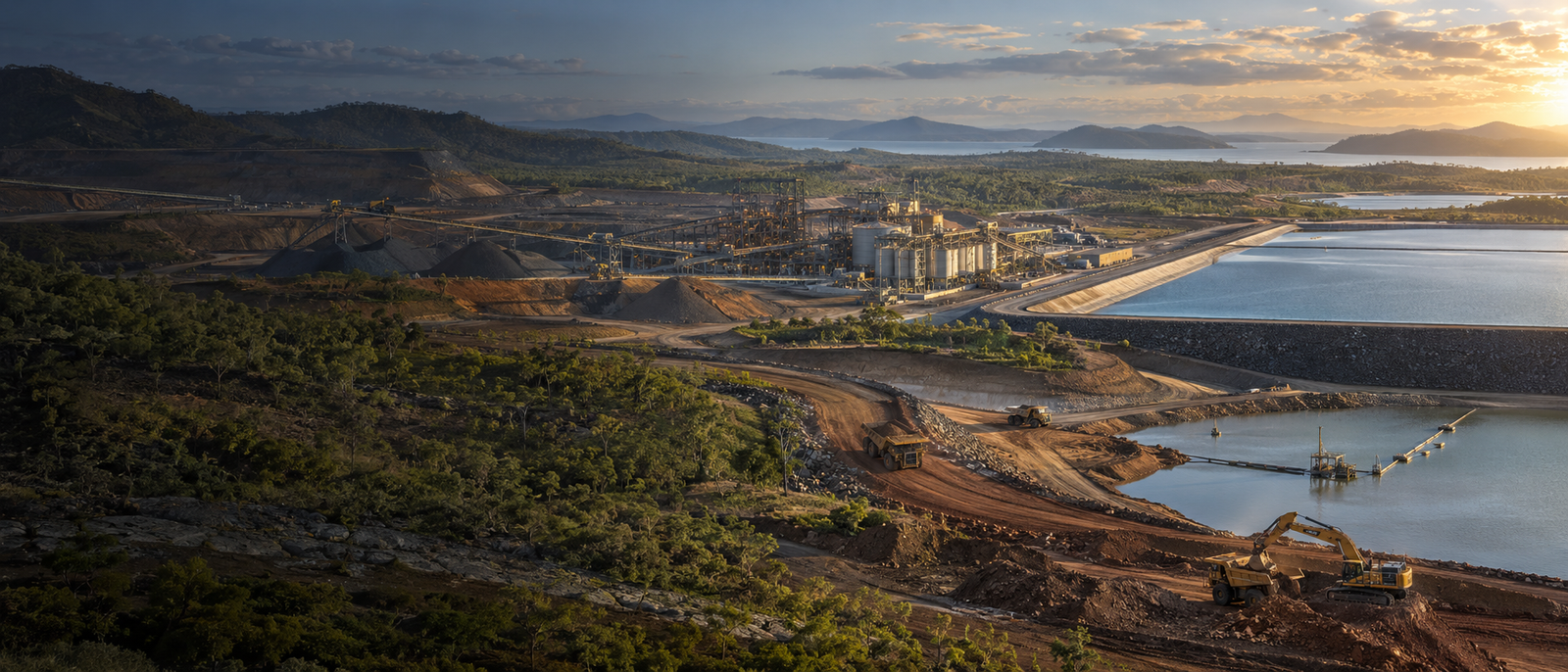 Mineral processing, earthworks and engineered water infrastructure across a mine landscape